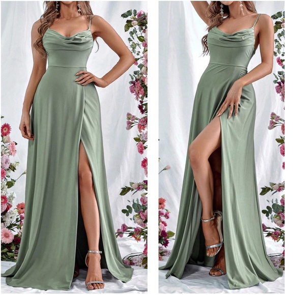 Luxe Satin Draped Party Formal Prom Wedding maxi Dress - Picture 1 of 7
